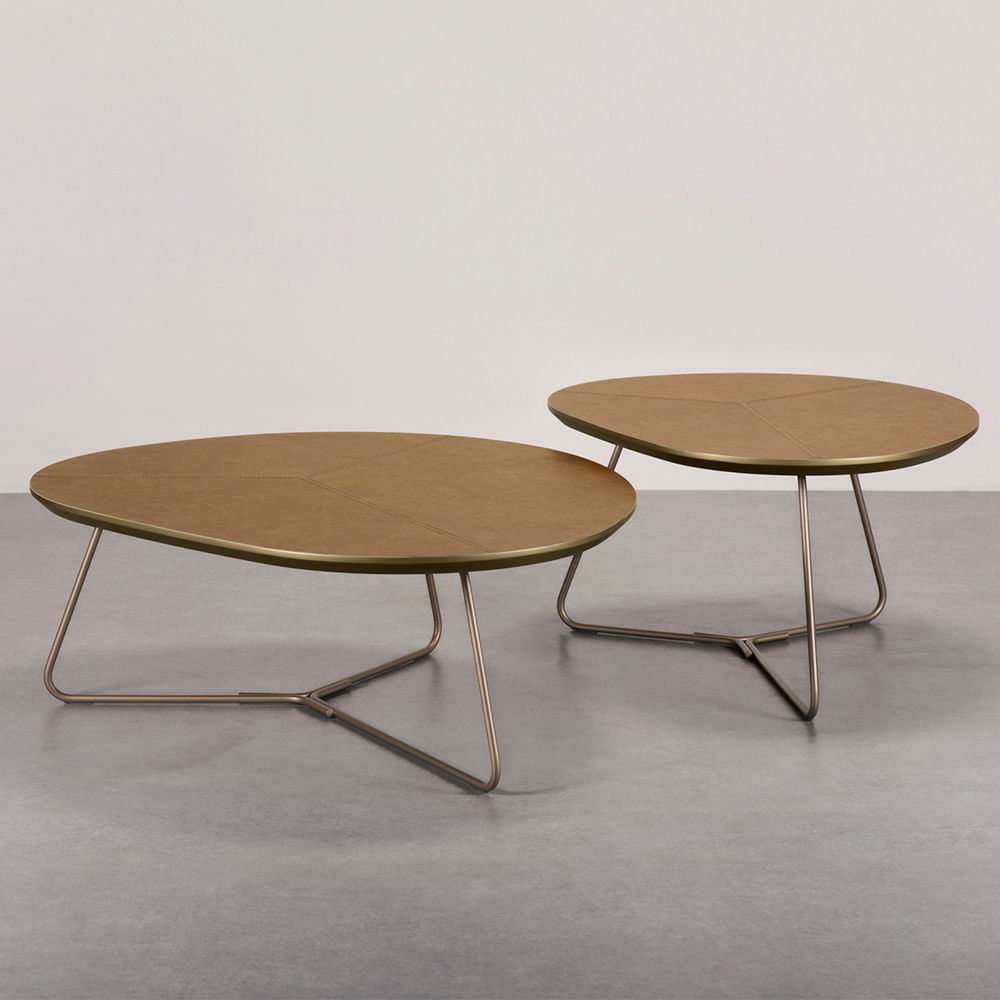 Conjunto - Mesa de Centro Infinity Alta e Baixa_Recouro Caramelo_Gold - 1
